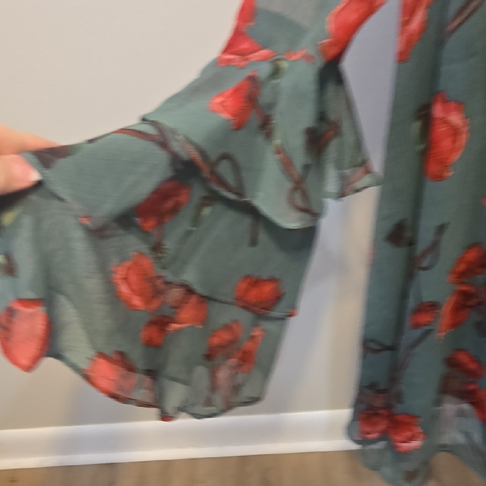 Umgee Red and Green Asymmetrical Bell Sleeve Mini Dress - Picture 3 of 10